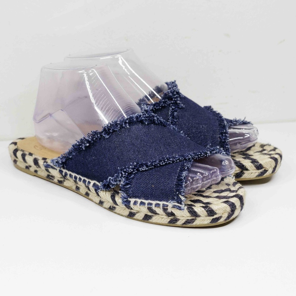 CASTAÑER Frayed Denim Crisscross Espadrille Slide Sandals Blue Tan Sz 38/7.5